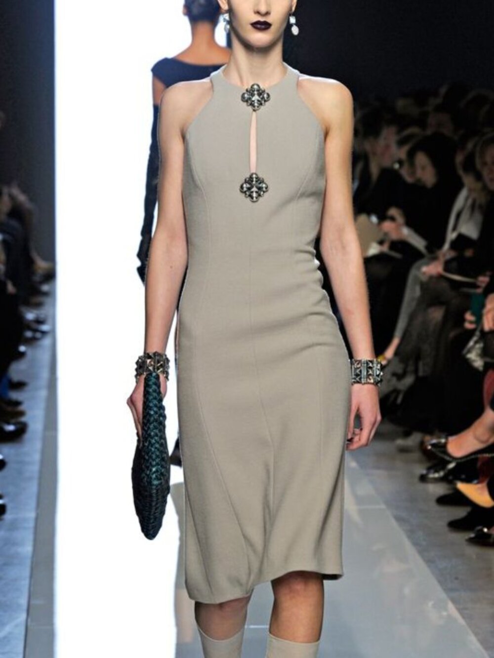 Bottega Veneta AW12 Runway Taupe Wool-Crepe Split-Neck Dress